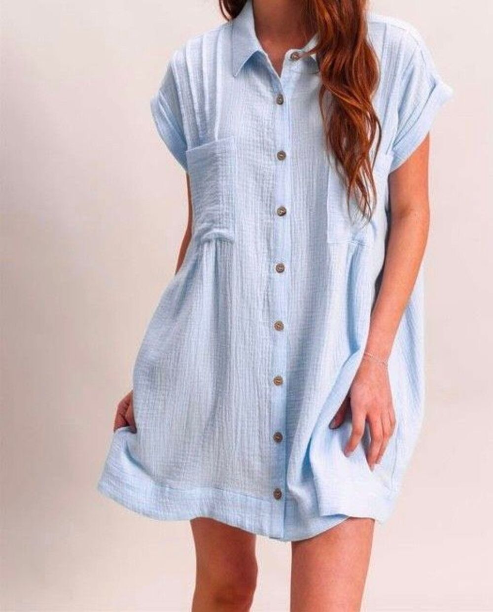 Oddi Women’s Blue Short Sleeve Button Down Dress Sz M NEW